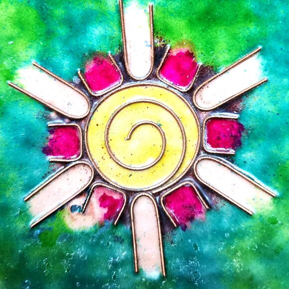 Vintage Round Copper Enamel Jewelry Tray-Unique Boho Trinket Dish with Handles - Picture 3 of 7